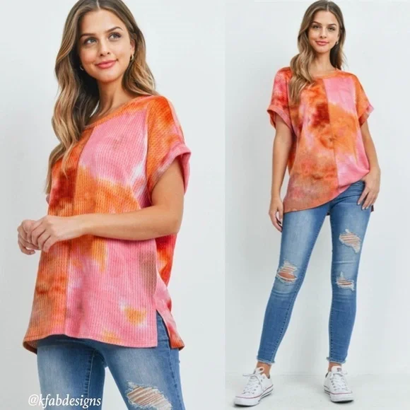 LAST 1! So Soft Vibrant Pink/Peach Waffle Knit Reverse Stitch Top! - Picture 3 of 5